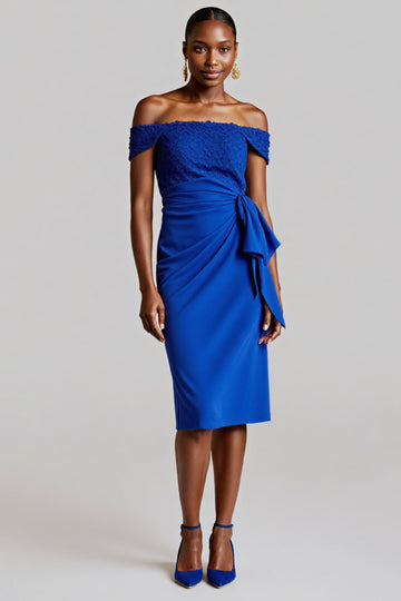Royal Blue Off The Shoulder Bodycon Midi Work Dress With Lace